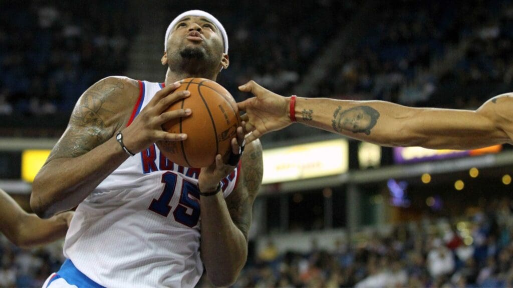 March 2, 2011; Sacramento, CA, USA; Sacramento Kings center DeMarcus Cousins (15) attempts a shot against the Portland Trail Blazers in the third quarter at the Power Balance Pavilion. The Trail Blazers defeated the Kings 107-102.