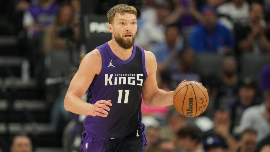 Apr 11, 2025; Sacramento, California, USA; Sacramento Kings forward Domantas Sabonis (11) dribbles against the Los Angeles Clippers during the second quarter at Golden 1 Center.