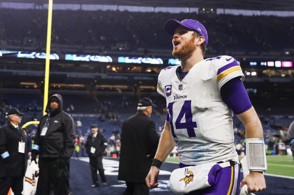 Dec 22, 2024; Seattle, Washington, USA; Minnesota Vikings quarterback Sam Darnold (14) celebrates following a victory against the Seattle Seahawks at Lumen Field.