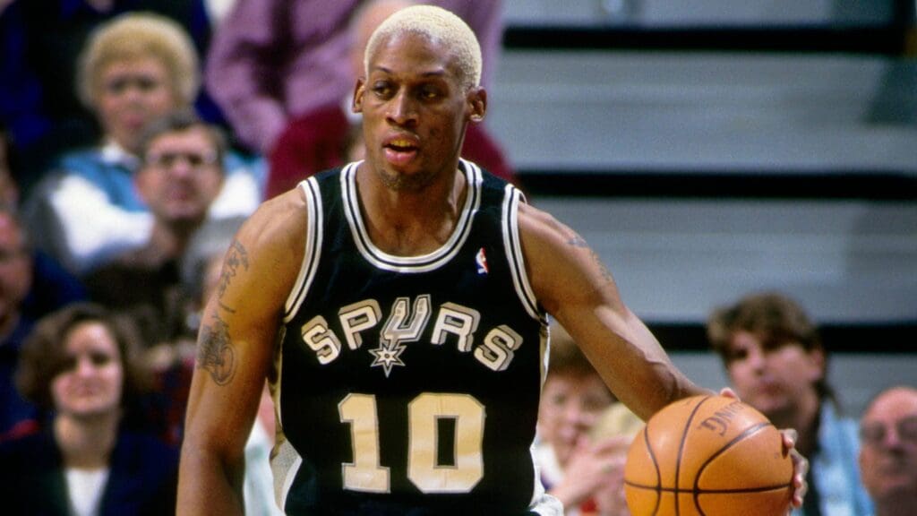 Apr 14, 1994; Salt Lake City, UT, USA; FILE PHOTO; San Antonio Spurs forward Dennis Rodman (10) in action against the Utah Jazz at the Delta Center.