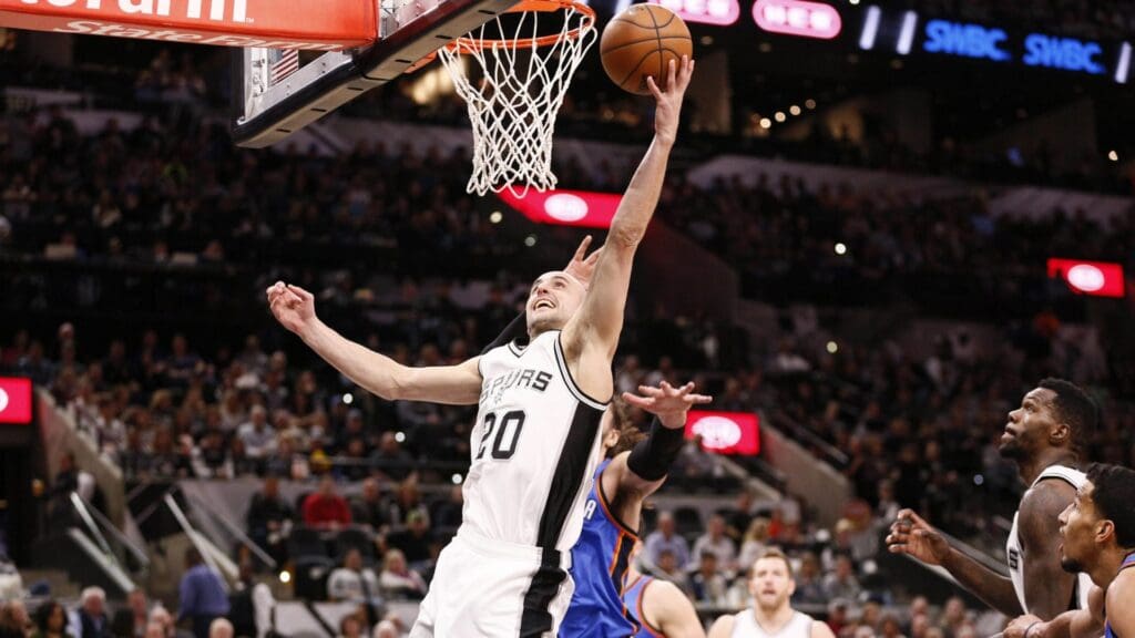 Jan 31, 2017; San Antonio, TX, USA; San Antonio Spurs shooting guard Manu Ginobili (20) shoots the ball against Oklahoma City Thunder center Steven Adams (behind) during the first half at AT&T Center
