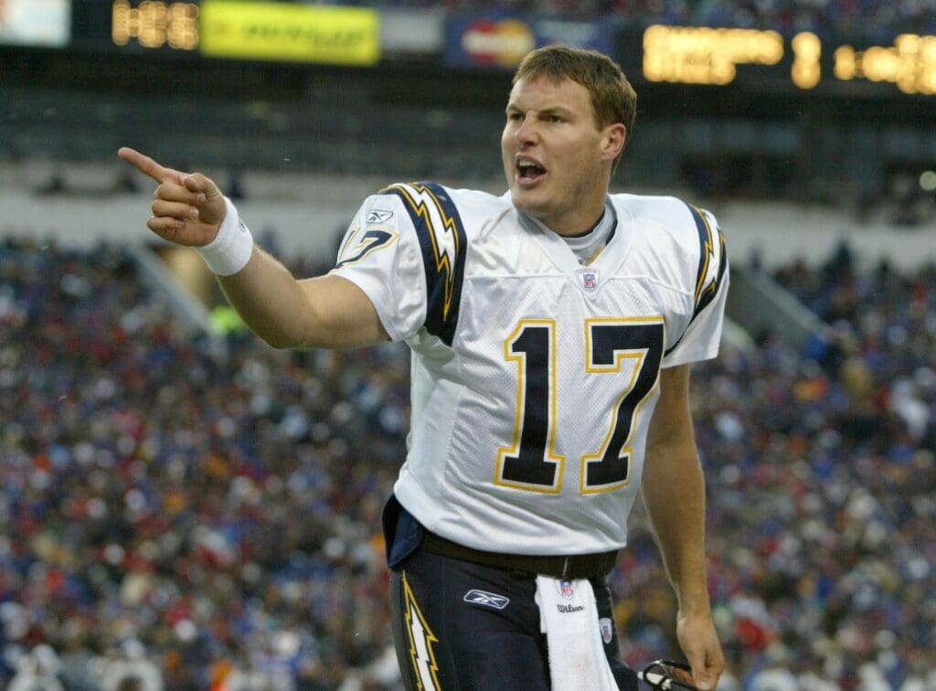 December 3, 2006; Orchard Park, NY, USA; San Diego Chargers quarterback (17) Philip Rivers gestures to a teammate after their first touchdown during the first quarter against the Buffalo Bills at Ralph Wilson Stadium.