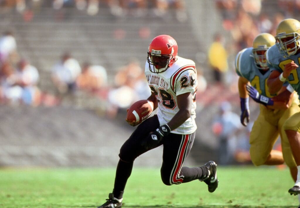 Sep 25, 1992; Pasadena, CA, USA; FILE PHOTO; San Diego State Aztecs runningback (28) Marshall Faulk in action against the UCLA Bruins at the Rose Bowl.