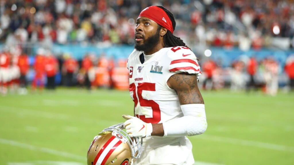 Feb 2, 2020; Miami Gardens, Florida, USA; San Francisco 49ers cornerback Richard Sherman (25) reacts during Super Bowl LIV against the Kansas City Chiefs at Hard Rock Stadium.