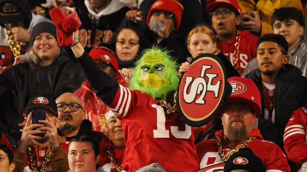 Dec 12, 2024; Santa Clara, California, USA; A San Francisco 49ers fan dressed as the grinch during the first quarter against the Los Angeles Rams at Levi's Stadium
