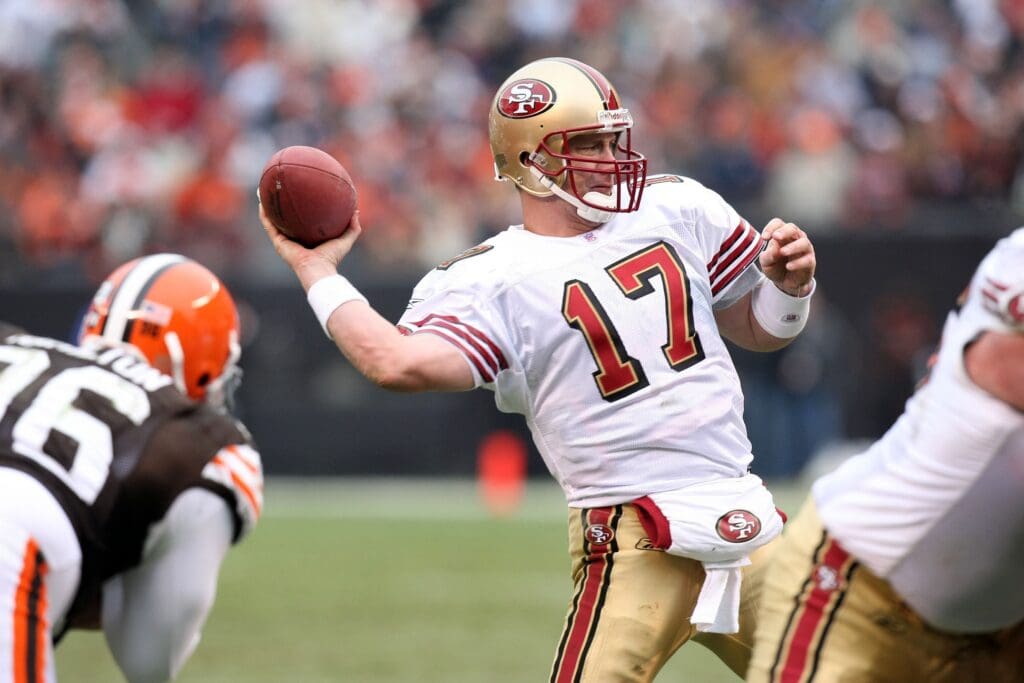 Dec 30, 2007; Cleveland, OH, USA; San Francisco 49ers quarterback (17) Chris Weinke throws a pass against the Cleveland Browns at Cleveland Browns Stadium in Cleveland, OH.