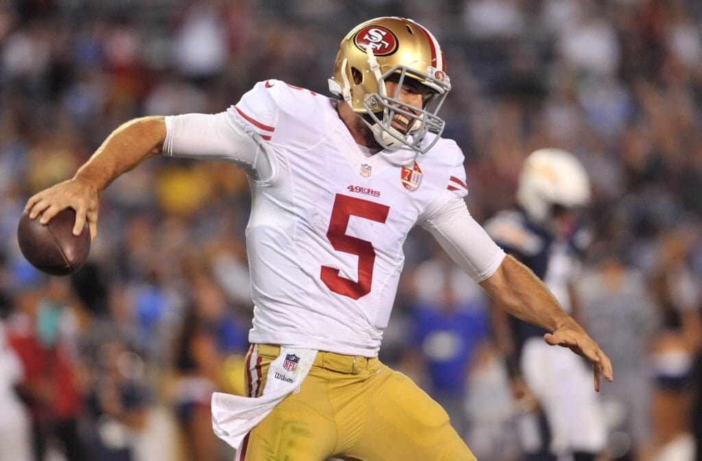 Sep 1, 2016; San Diego, CA, USA; San Francisco 49ers quarterback Christian Ponder (5) celebrates after scoring a touchdown during the second half of the game against the San Diego Chargers at Qualcomm Stadium. San Francisco won 31-21.