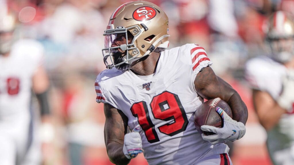 Oct 27, 2019; Santa Clara, CA, USA; San Francisco 49ers wide receiver Deebo Samuel (19) runs with the football against the Carolina Panthers during the third quarter at Levi's Stadium.