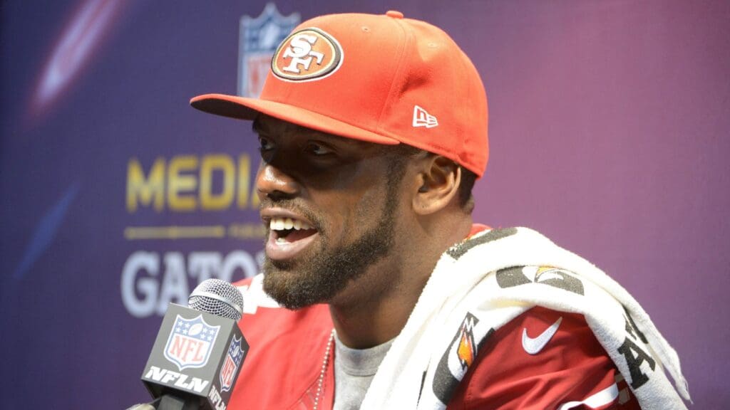 Jan 29, 2013; New Orleans, LA, USA; San Francisco 49ers wide receiver Randy Moss (84) addresses the press during media day in preparation for Super Bowl XLVII against the Baltimore Ravens at the Mercedes-Benz Superdome.