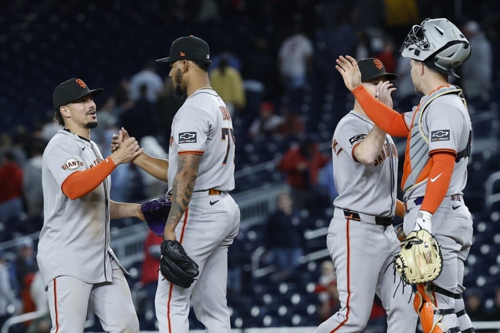 May 23, 2025; Washington, District of Columbia, USA; San Francisco Giants players celebrate after their game against the Washington Nationals at Nationals Park.