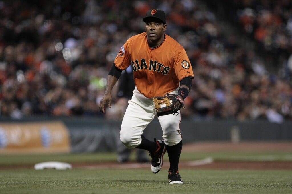 Aug 26, 2011; San Francisco CA, USA; San Francisco Giants third baseman Miguel Tejada (10) prepares for a bunt during the third inning against the Houston Astros at AT&T Park.