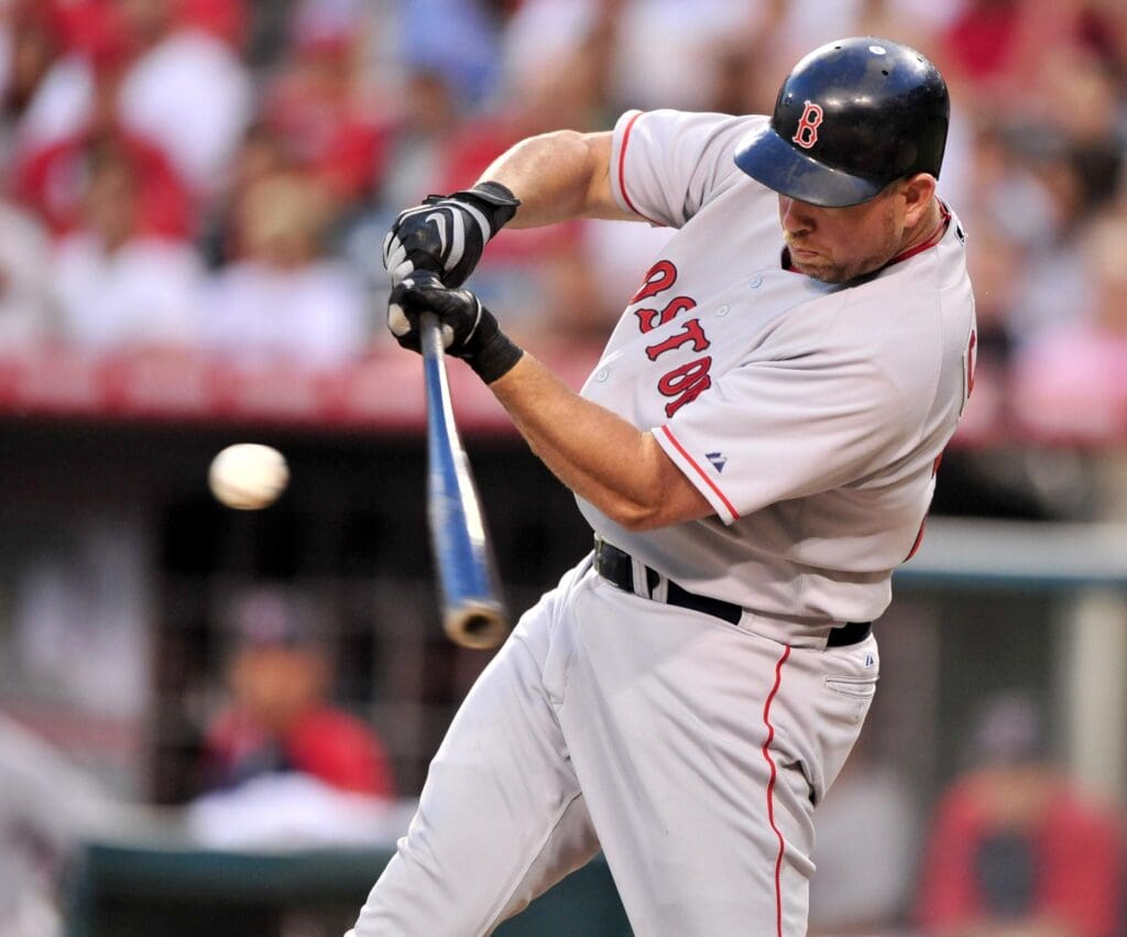 Jul 18, 2008; Anaheim, CA, USA; Boston Red Sox designated hitter Sean Casey (22) at bat against the Los Angels Angels at Angel Stadium. Mandatory