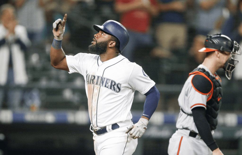 Sep 5, 2018; Seattle, WA, USA; Seattle Mariners left fielder Denard Span (4) reacts after hitting a solo home run against the Baltimore Orioles during the fifth inning at Safeco Field.
