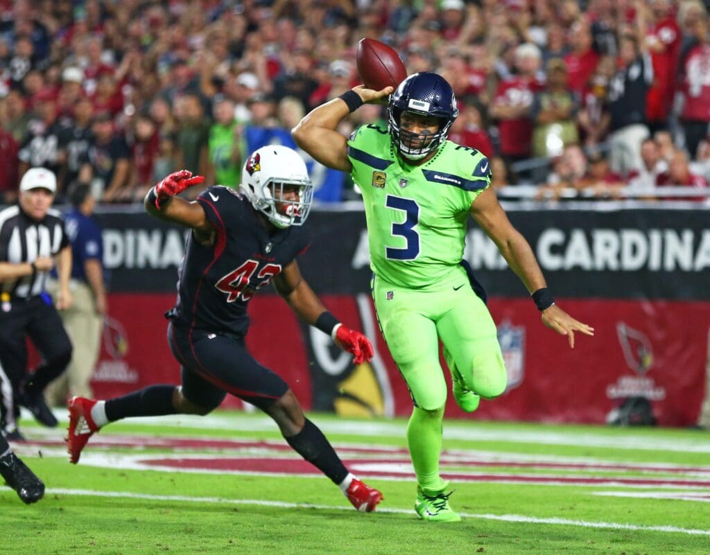 Nov 9, 2017; Glendale, AZ, USA; Seattle Seahawks quarterback Russell Wilson (3) throws a pass against the Arizona Cardinals in the second half at University of Phoenix Stadium.