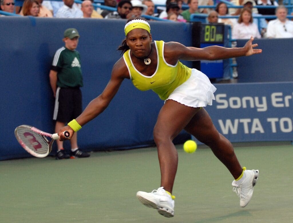 July 18, 2006; Cincinnati, OH, USA; Serena Williams returns the volley of Anastasia Myskina (not pictured) in the first round of the Western and Southern Financial Womens Open at Lindner Family Tennis Center in Mason, OH. Mandatory Credit: Frank Victores-USA TODAY Sports Copyright (c) Frank Victores