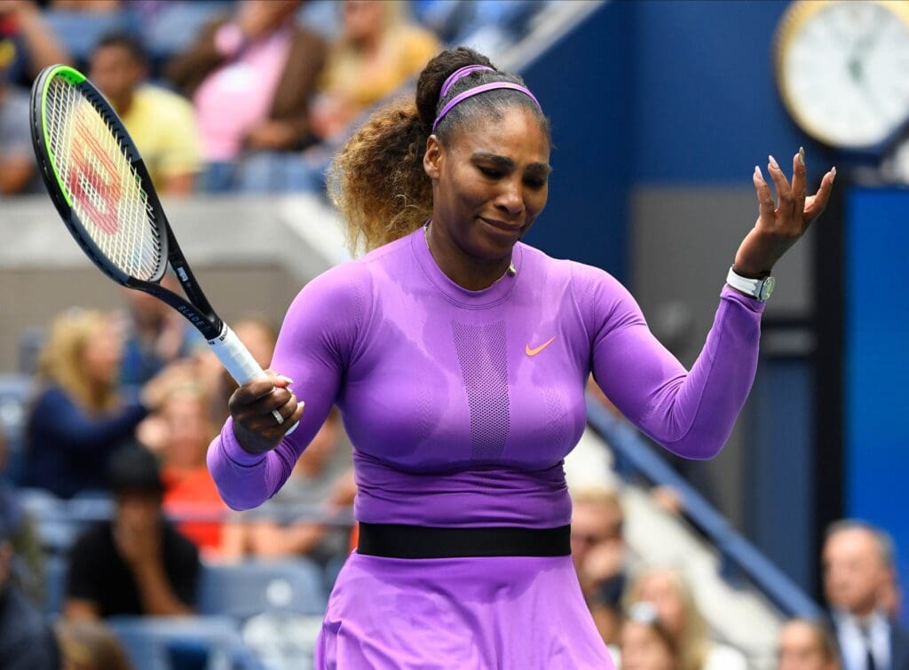 Sept 7, 2019; Flushing, NY, USA; Serena Williams of the USA reacts after a miss to Bianca Andreescu of Canada in the womens final match on day thirteen of the 2019 U.S. Open tennis tournament at USTA Billie Jean King National Tennis Center.