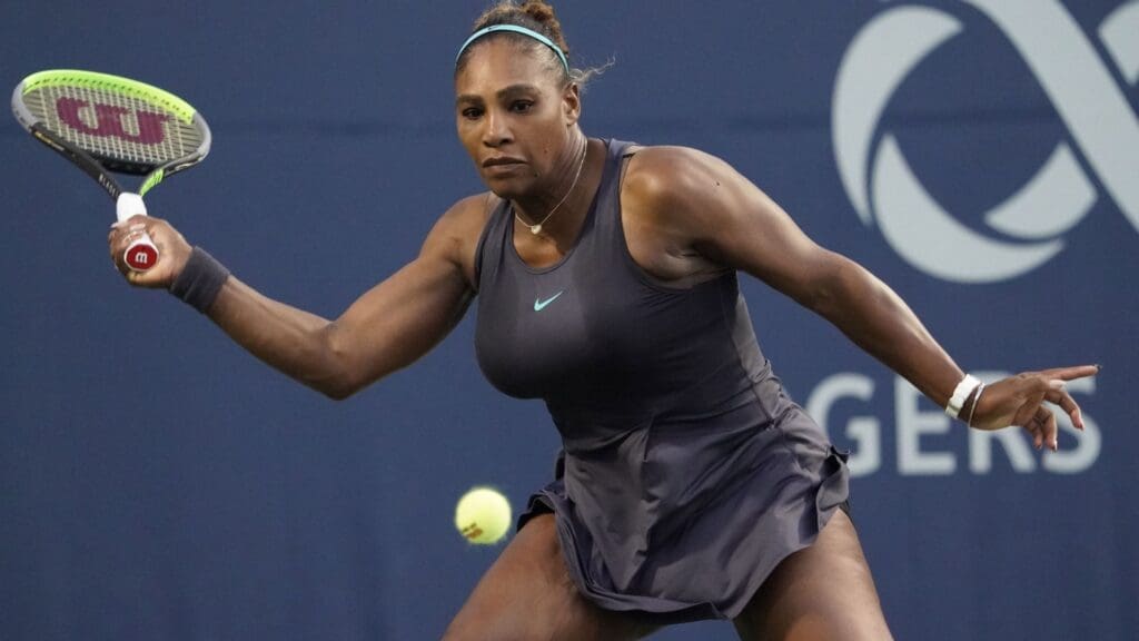 Aug 9, 2019; Toronto, Ontario, Canada; Serena Williams (USA) hits a ball to Naomi Osaka (not pictured) during the Rogers Cup tennis tournament at Aviva Centre.