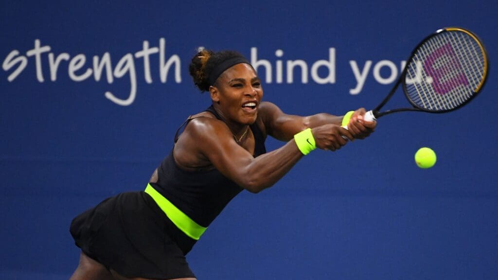 Aug 25, 2020; Flushing Meadows, New York, USA; Serena Williams (USA) hits the ball against Maria Sakkari (GRE) during the Western & Southern Open at the USTA Billie Jean King National Tennis Center