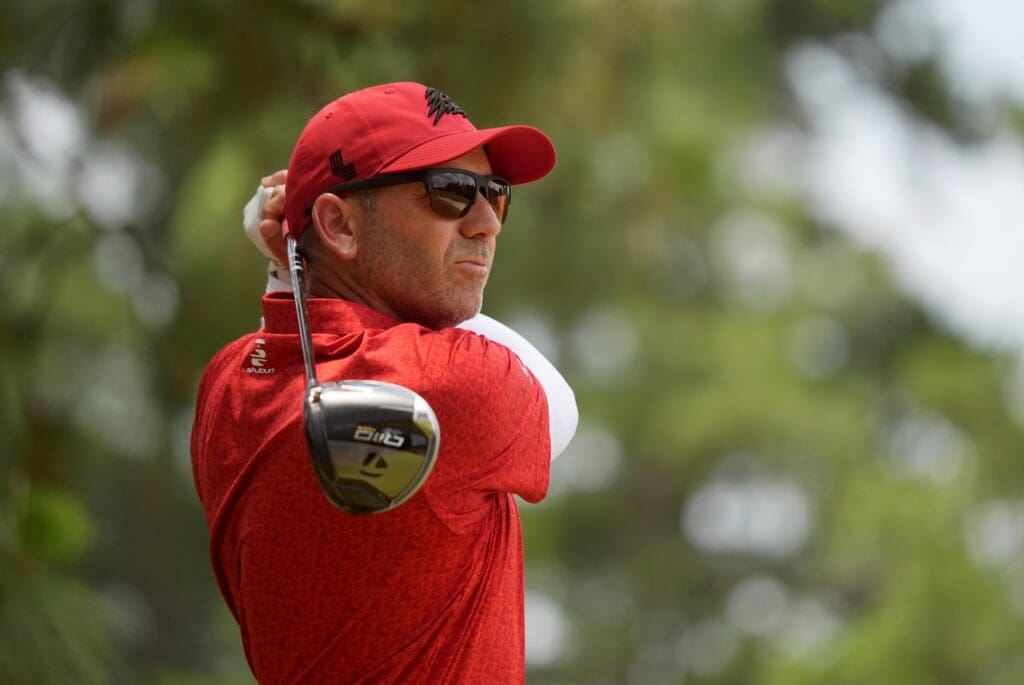 Jun 16, 2024; Pinehurst, North Carolina, USA; Sergio Garcia hits from the second tee box during the final round of the U.S. Open golf tournament.