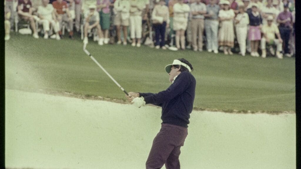 04/12/1986; Augusta, Georgia, USA; Seve Ballesteros chips the ball out of a bunker at the Augusta National Golf Course during the 1986 Masters.