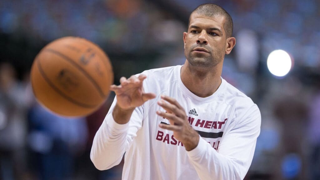 Feb 18, 2014; Dallas, TX, USA; Miami Heat small forward Shane Battier (31) warms up before the game against the Dallas Mavericks at the American Airlines Center.