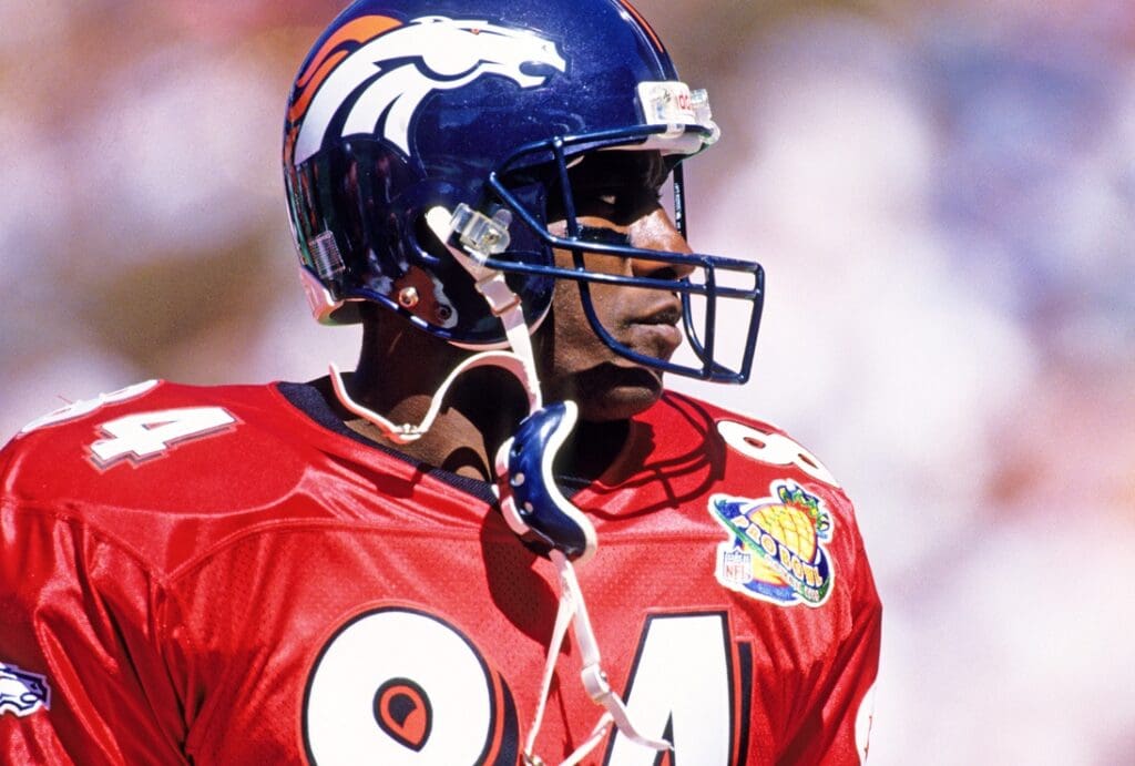 Feb 1, 1998; Honolulu, HI, USA; FILE PHOTO; AFC tight end Shannon Sharpe (84) of the Denver Broncos on the field against the NFC during 1998 Pro Bowl at Aloha Stadium.