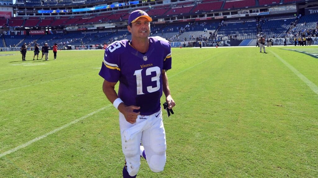 Sep 11, 2016; Nashville, TN, USA; Minnesota Vikings quarterback Shaun Hill (13) runs off the field after a win against the Tennessee Titans at Nissan Stadium. The Vikings won 25-16.