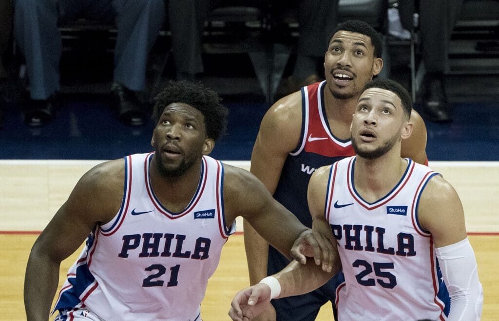 Ben Simmons with teammate Joel Embiid in 2018