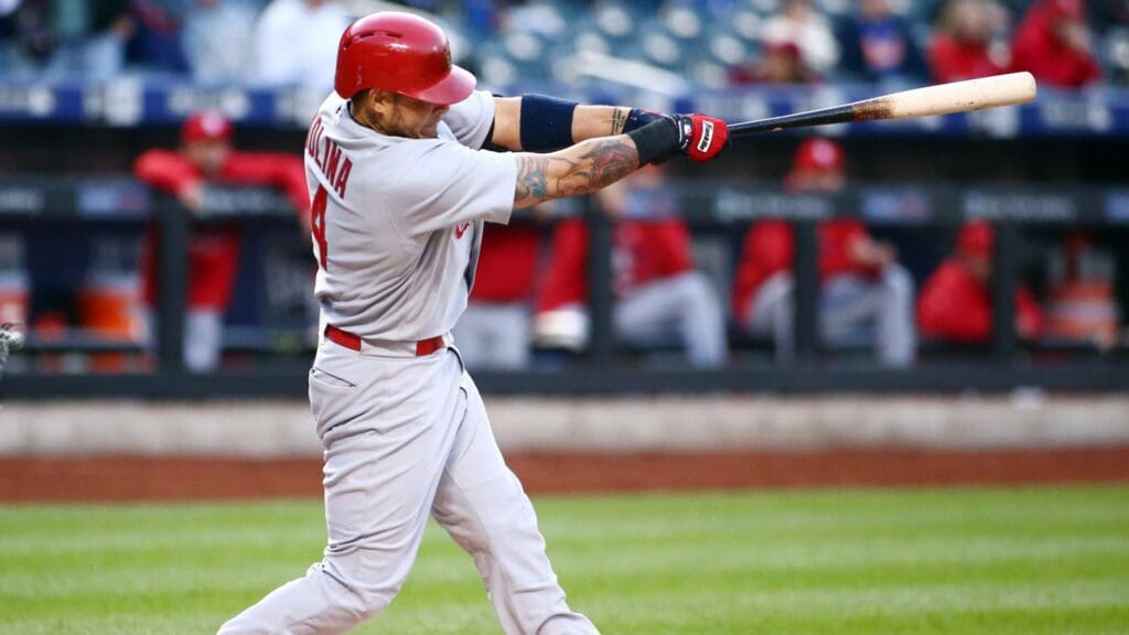 May 20, 2015; New York City, NY, USA; St. Louis Cardinals catcher Yadier Molina (4) bats against the New York Mets at Citi Field