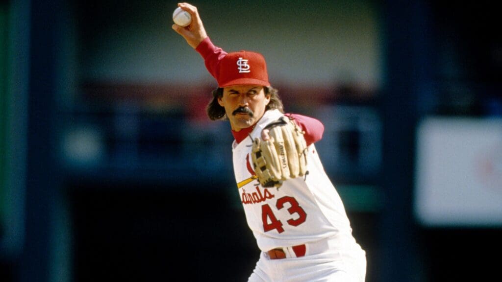1996, St. Louis, MO, USA; FILE PHOTO; St. Louis Cardinals pitcher Dennis Eckersley in action on the mound at Busch Stadium during the 1996 season.