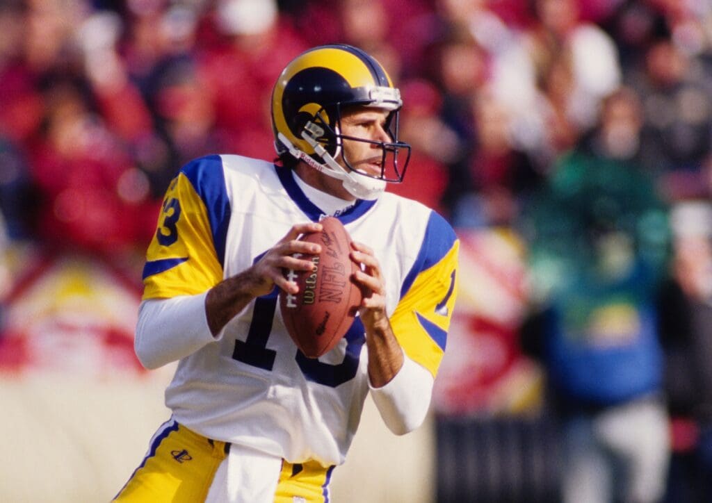 Dec 27, 1998; San Francisco ,CA, USA; FILE PHOTO; St. Louis Rams quarterback Steve Bono looks to throw against the San Francisco 49ers at Candlestick Park.