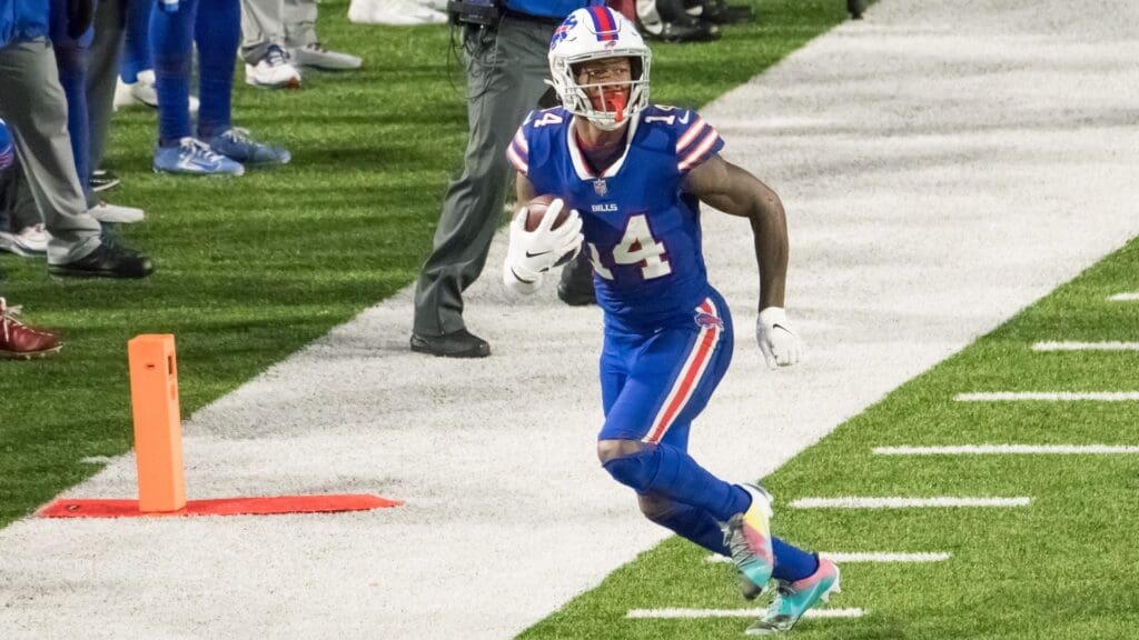 Oct 19, 2020; Orchard Park, New York, USA; Buffalo Bills wide receiver Stefon Diggs (14) runs out of bounds after making a catch against the Kansas City Chiefs in the second quarter at Bills Stadium.
