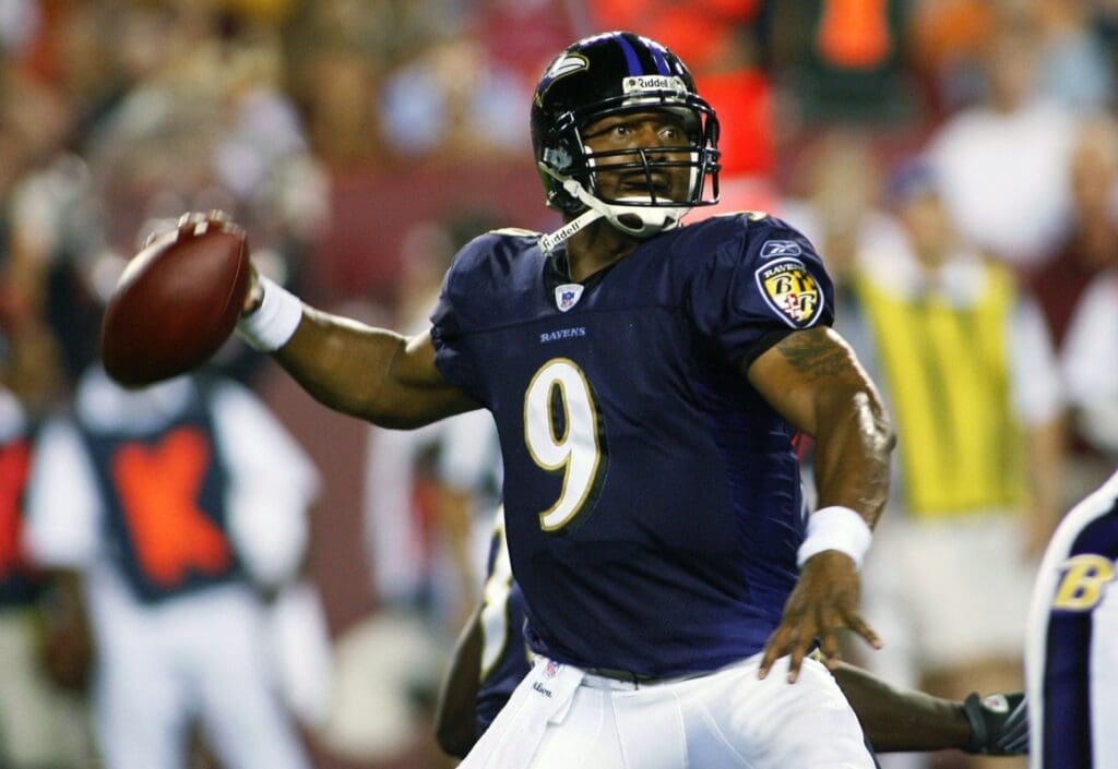 Aug 25, 2007; Landover, MD, USA; Baltimore Ravens quarterback Steve McNair (9) drops back to pass in the first quarter against the Washington Redskins during a preseason game at FedEx Field in Landover, MD.