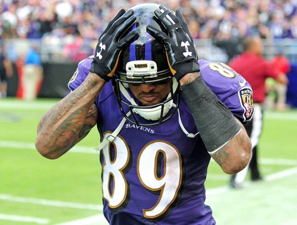 Oct 2, 2016; Baltimore, MD, USA; Baltimore Ravens wide receiver Steve Smith, Sr. (89) reacts after scoring a touchdown in the fourth quarter against the Oakland Raiders at M&T Bank Stadium.