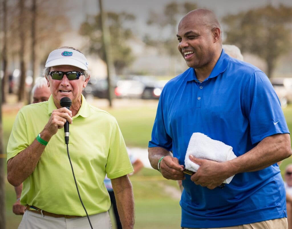Steve Spurrier chats with Charles Barkley and Paul Azinger during the opening ceremony during the 12th annual Barkley, Bean, Bryant & Friends celebrity golf tournament at the YMCA Par 3 golf course home of The First Tee in Lakeland Fl. , Friday February 24, 2017. [ERNST PETERS/THE LEDGER]