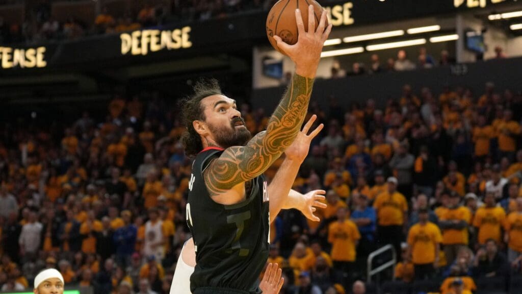 Apr 26, 2025; San Francisco, California, USA; Houston Rockets center Steven Adams (12) rebounds against the Golden State Warriors during the fourth quarter of game three of first round for the 2024 NBA Playoffs at Chase Center.