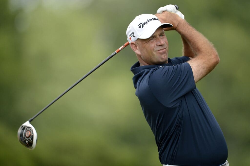 Jun 14, 2013; Ardmore, PA, USA; Stewart Cink tees off on the 2nd hole during the second round of the 113th U.S. Open golf tournament at Merion Golf Club..