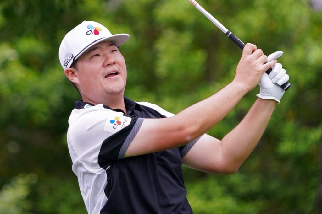 May 1, 2025; McKinney, Texas, USA; Sungjae Im watches his shot from the sixth tee during the first round of the THE CJ CUP Byron Nelson golf tournament.