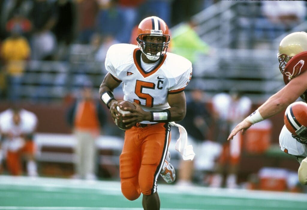 Sep 11, 1998; Boston, MA, USA; FILE PHOTO; Syracuse Orange quarterback #5 Donovan McNabb in action against the Boston College Eagles.