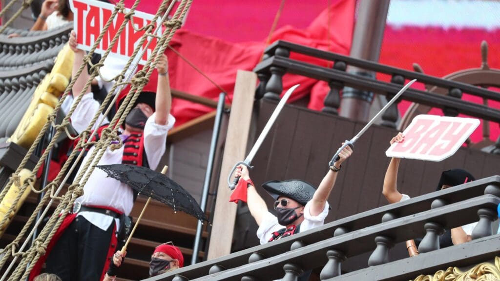 Tampa Bay Buccaneers performers on the pirate ship perform during the third quarter against the Carolina Panthers at Raymond James Stadium.