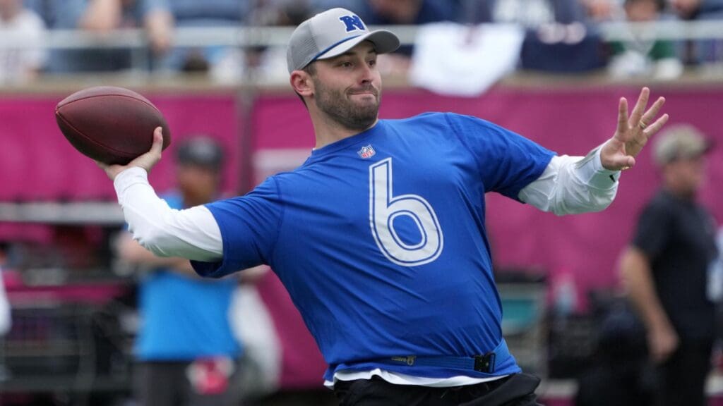 Feb 1, 2025; Orlando, FL, USA; Tampa Bay Buccaneers quarterback Baker Mayfield (6) throws the ball during NFC Practice for the Pro Bowl Games at Camping World Stadium.