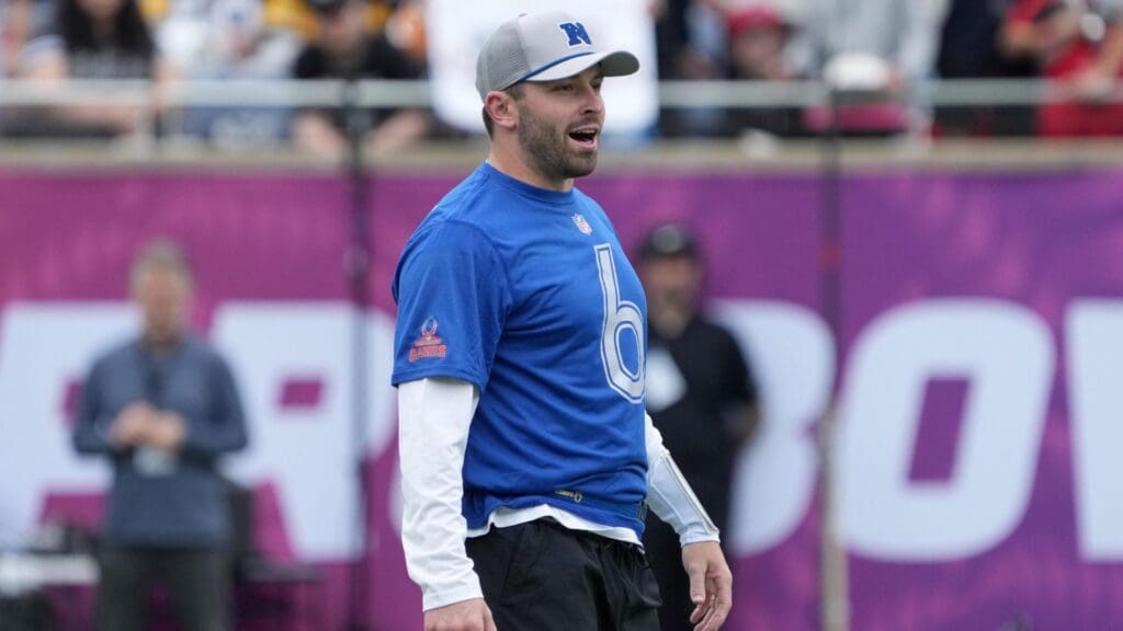 Feb 1, 2025; Orlando, FL, USA; Tampa Bay Buccaneers quarterback Baker Mayfield (6) during NFC Practice for the Pro Bowl Games at Camping World Stadium. 