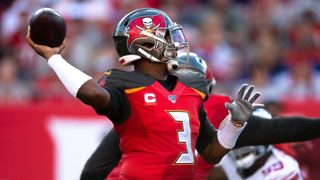 Sep 22, 2019; Tampa, FL, USA; Tampa Bay Buccaneers quarterback Jameis Winston (3) looks to pass during the third quarter against the New York Giants at Raymond James Stadium