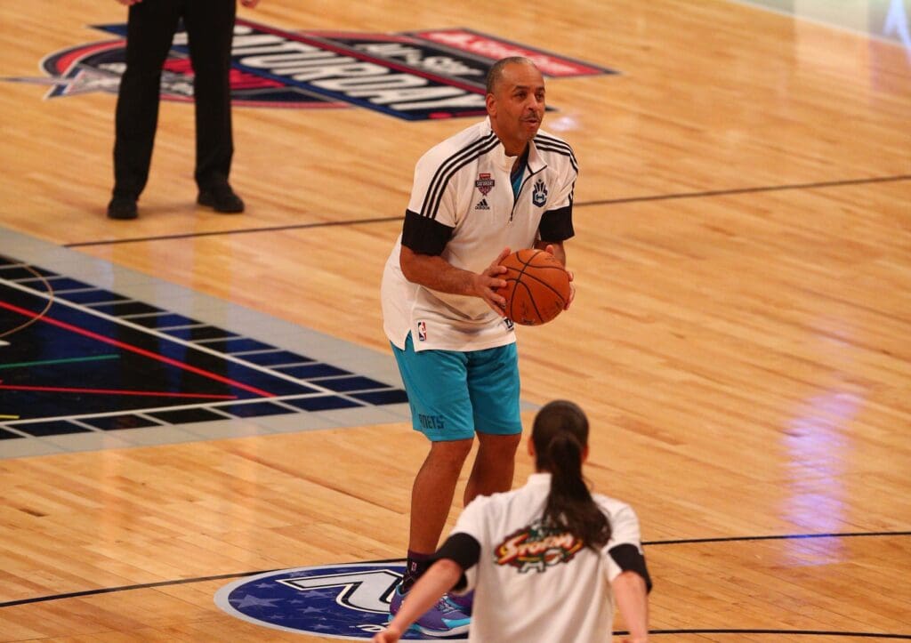Team Curry legend Dell Curry shoots the basketball during the 2015 NBA All Star Shooting Stars competition at Barclays Center.
