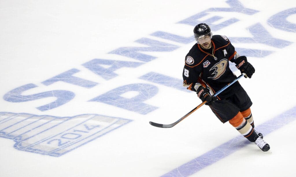 May 16, 2014; Anaheim, CA, USA; Anaheim Ducks right wing Teemu Selanne (8) skates past the blue line in the third period of game seven of the second round of the 2014 Stanley Cup Playoffs against the Anaheim Ducks at Honda Center.