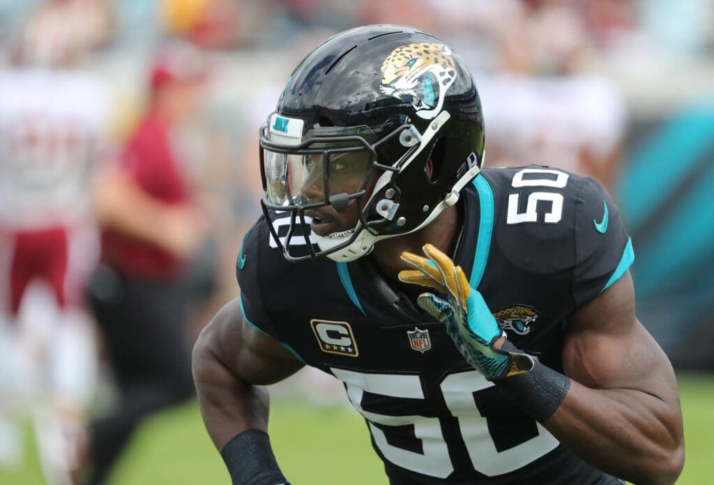 Dec 16, 2018; Jacksonville, FL, USA;Jacksonville Jaguars outside linebacker Telvin Smith (50) works out prior to the game at TIAA Bank Field. Mandatory Credit: Kim Klement-USA TODAY Sports