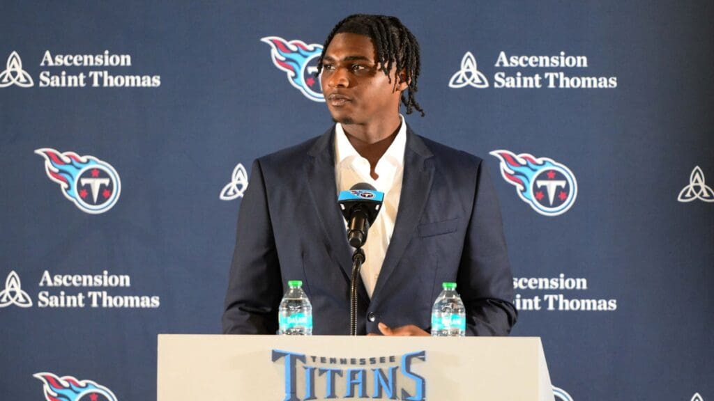Apr 25, 2025; Nashville, TN, USA; Tennessee Titans first round pick Cameron Wards during a press conference.