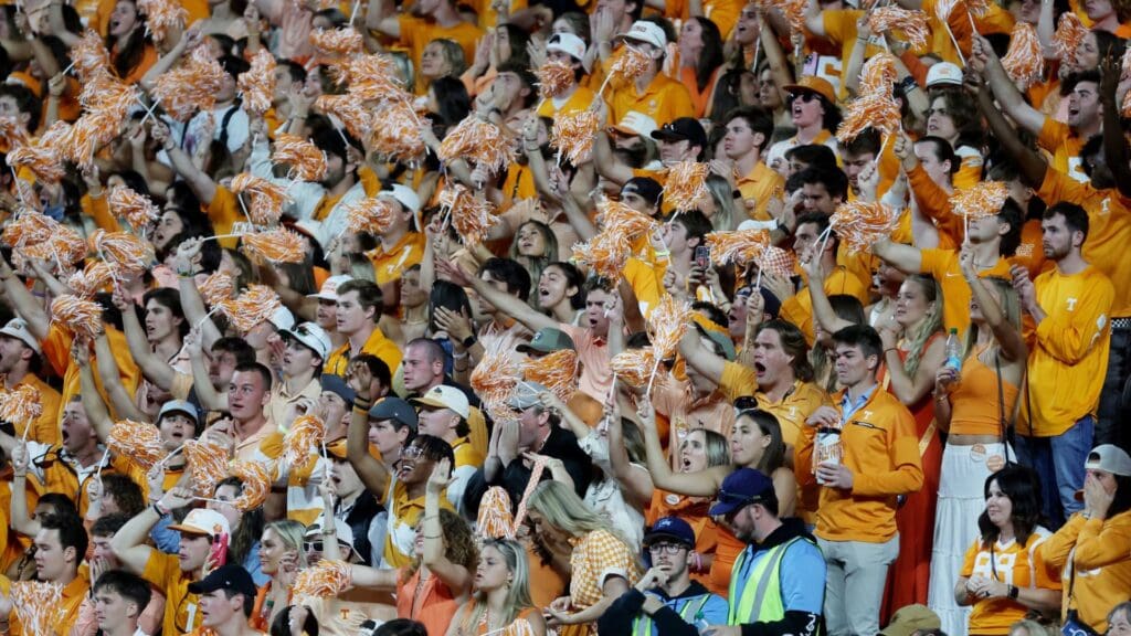 Oct 19, 2024; Knoxville, Tennessee, USA; Tennessee Volunteers fans cheer as the Alabama Crimson Tide is unable to get a first down at the end of the fourth quarter at Neyland Stadium.