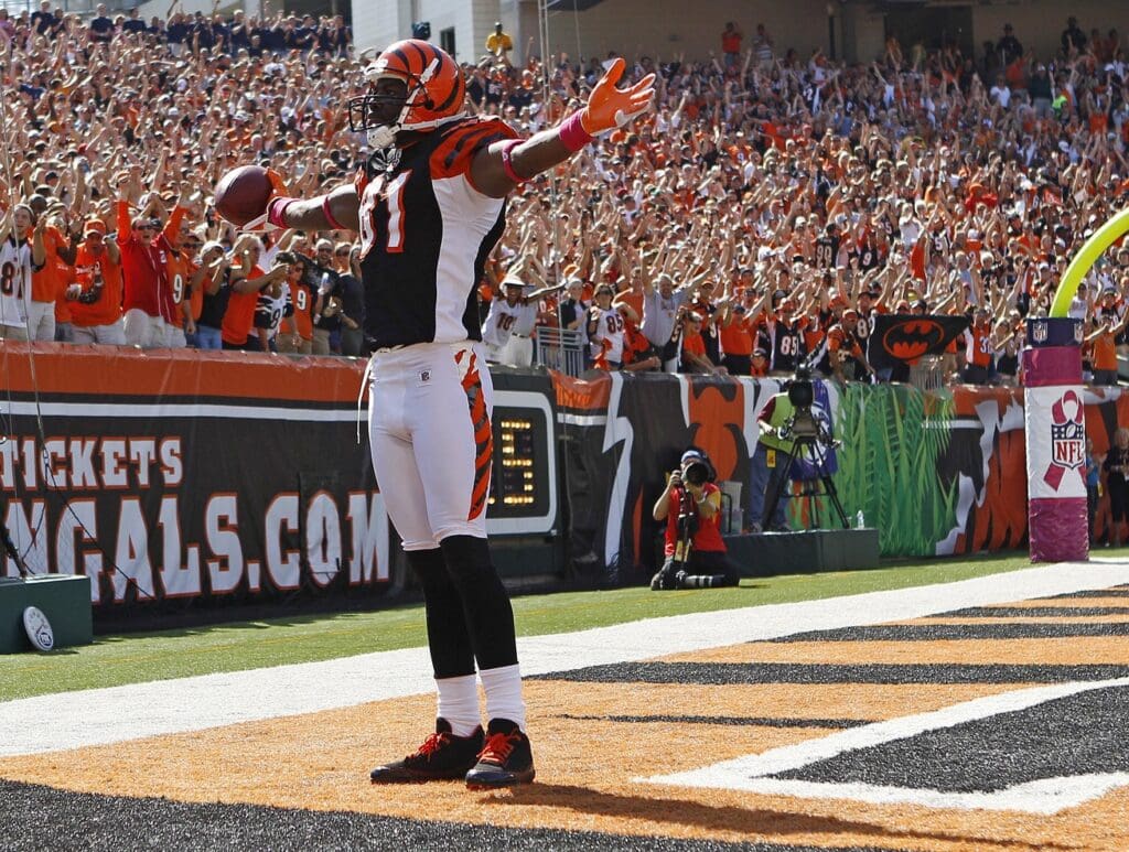 Oct 10, 2010; Cincinnati, OH, USA; Cincinnati Bengals wide receiver Terrell Owens (81) celebrates in the end zone after scoring a touchdown in the first half against the Tampa Bay Buccaneers at Paul Brown Stadium.