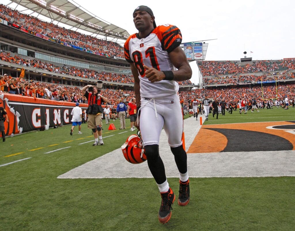 Sept 19, 2010; Cincinnati, OH, USA; Cincinnati Bengals wide receiver Terrell Owens (81) runs off of the field at the end of the game against the Baltimore Ravens at Paul Brown Stadium. The Bengals defeated the Ravens 15-10.